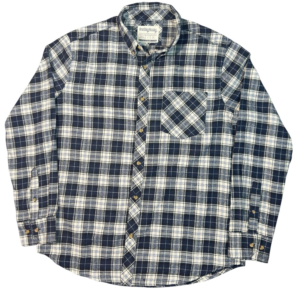 One Day Away Men's Cozy Plaid Flannel Cotton Button-Up Long Sleeve Shirt Blue L